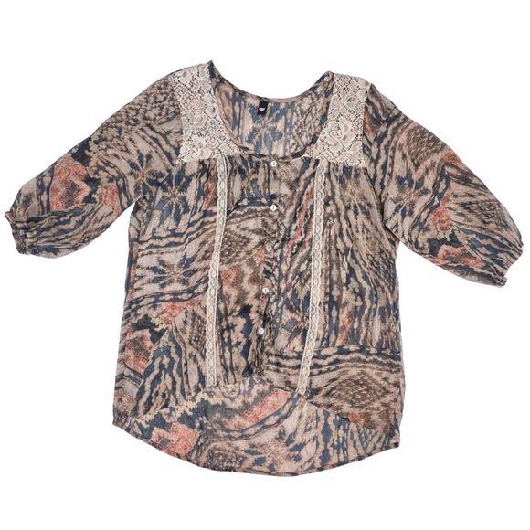 Love Squared Tops - Love Squared Blouse 0X Abstract Print Lace Yoke Trim Sheer Boho Flowy Blouse